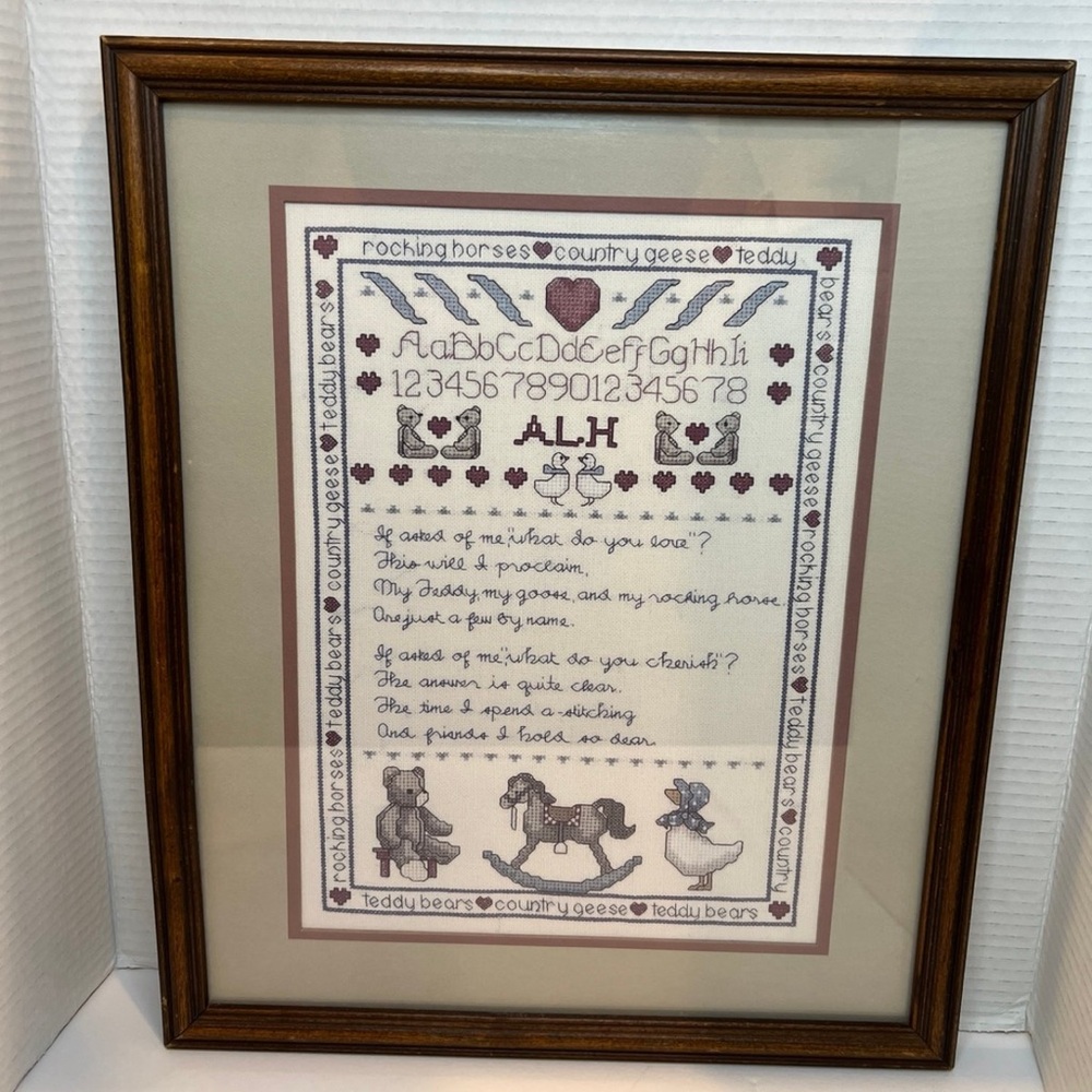 Framed Teddy And The Goose Alphabet Sampler Cross Stitch Picture